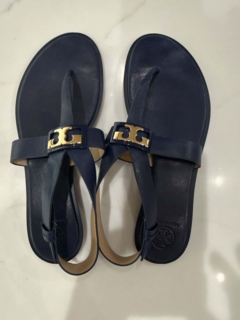 Tory Burch Navy Blue Leather Gigi Thong Flat Sandals Size 10